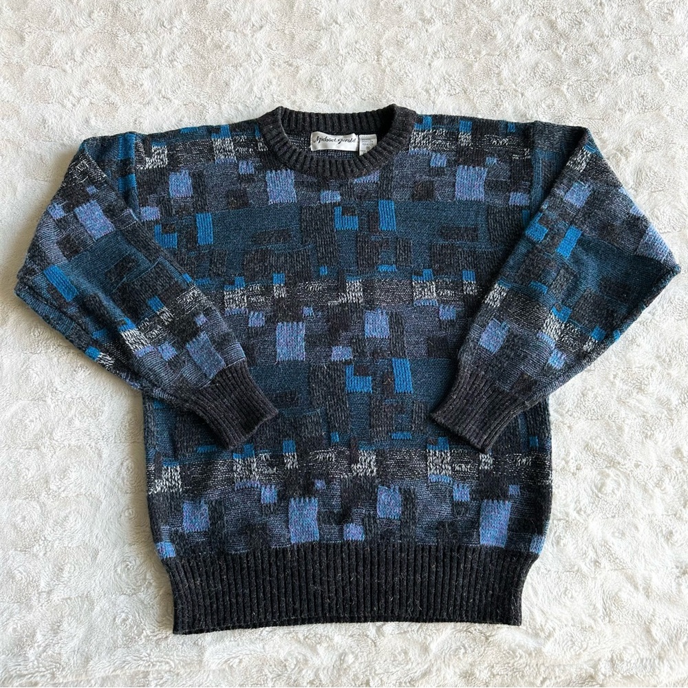 Vintage Michael Gerald Sweater Mens Medium Blue Geometric Cosby Grandpa 90s Vtg